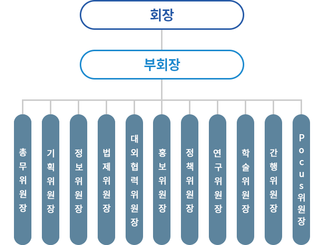 조직도 회장 부회장 총무위원 정보위원 기획위원 법제위원 대회협력위원 홍보위원 정책위원 연구위원 학술위원 간행위원